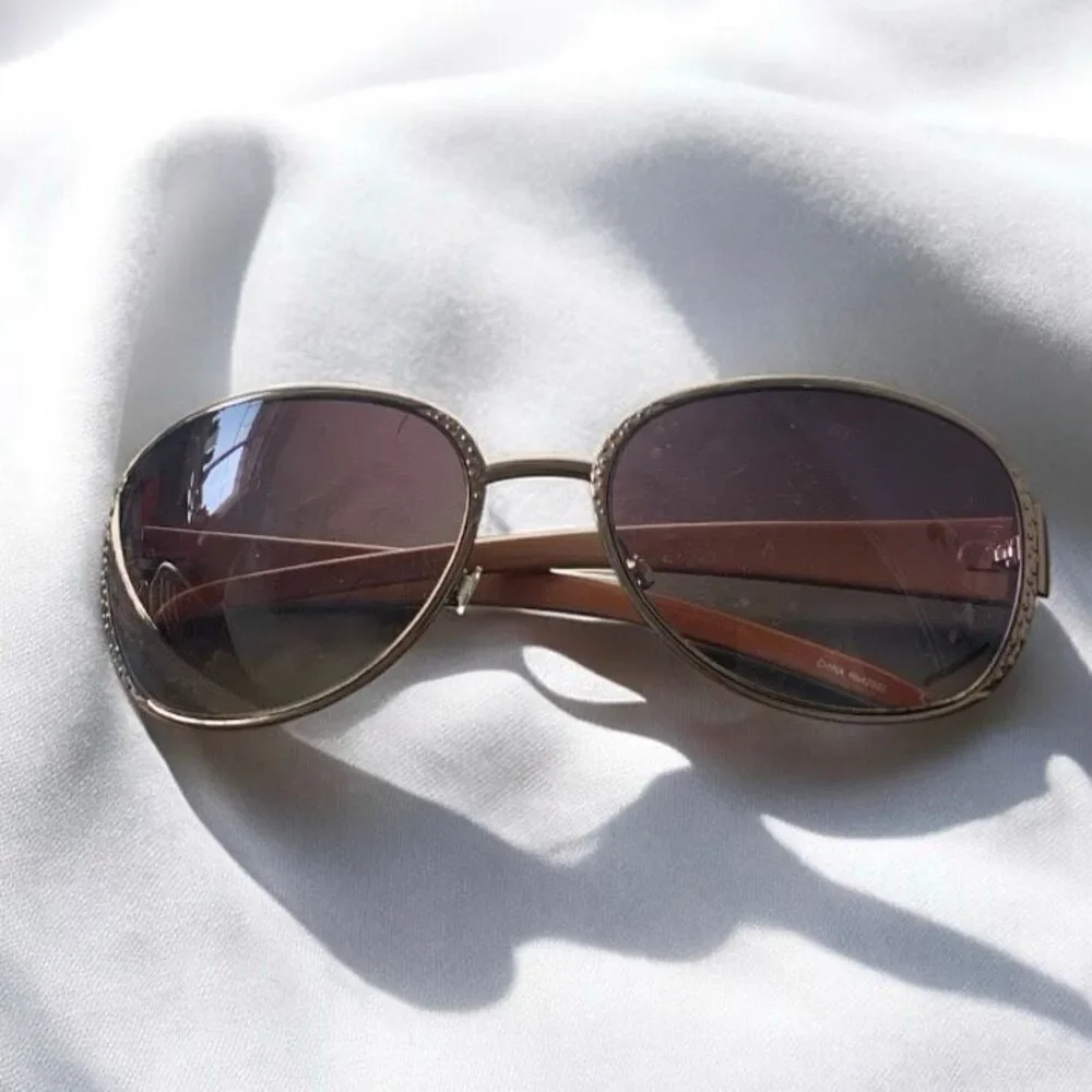 Vintage Round 70s Brown Sunglasses Oval Plastic Metal Aviator